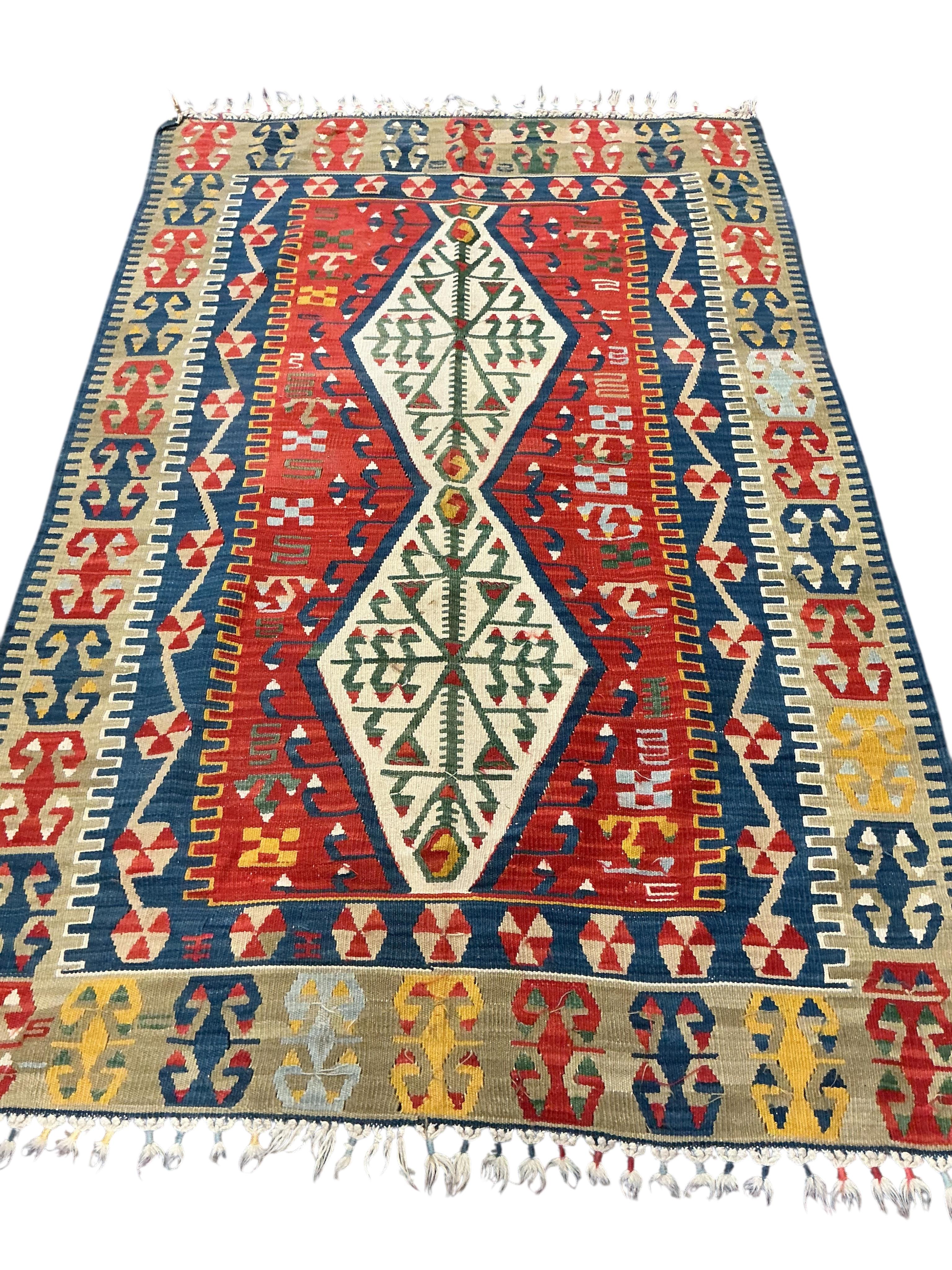Two Kilim geometric flat weave rugs, larger 270cm x 150cm
